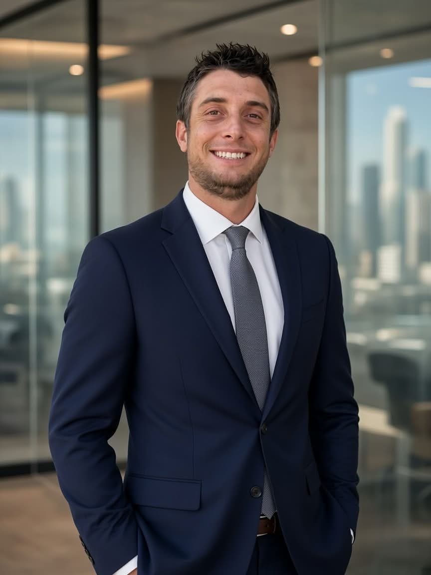 Garrett Doss (GRT / @GRTonX) in a navy suit, smiling in an office